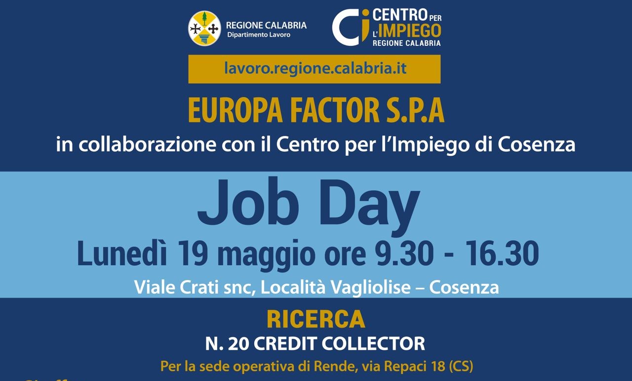 Europa Factor: il 19 maggio Job Day a Cosenza per il reclutamento di 20 operatori